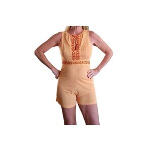 Warners 70s Vintage Orange Nylon Embroidered Sleeveless Romper Small